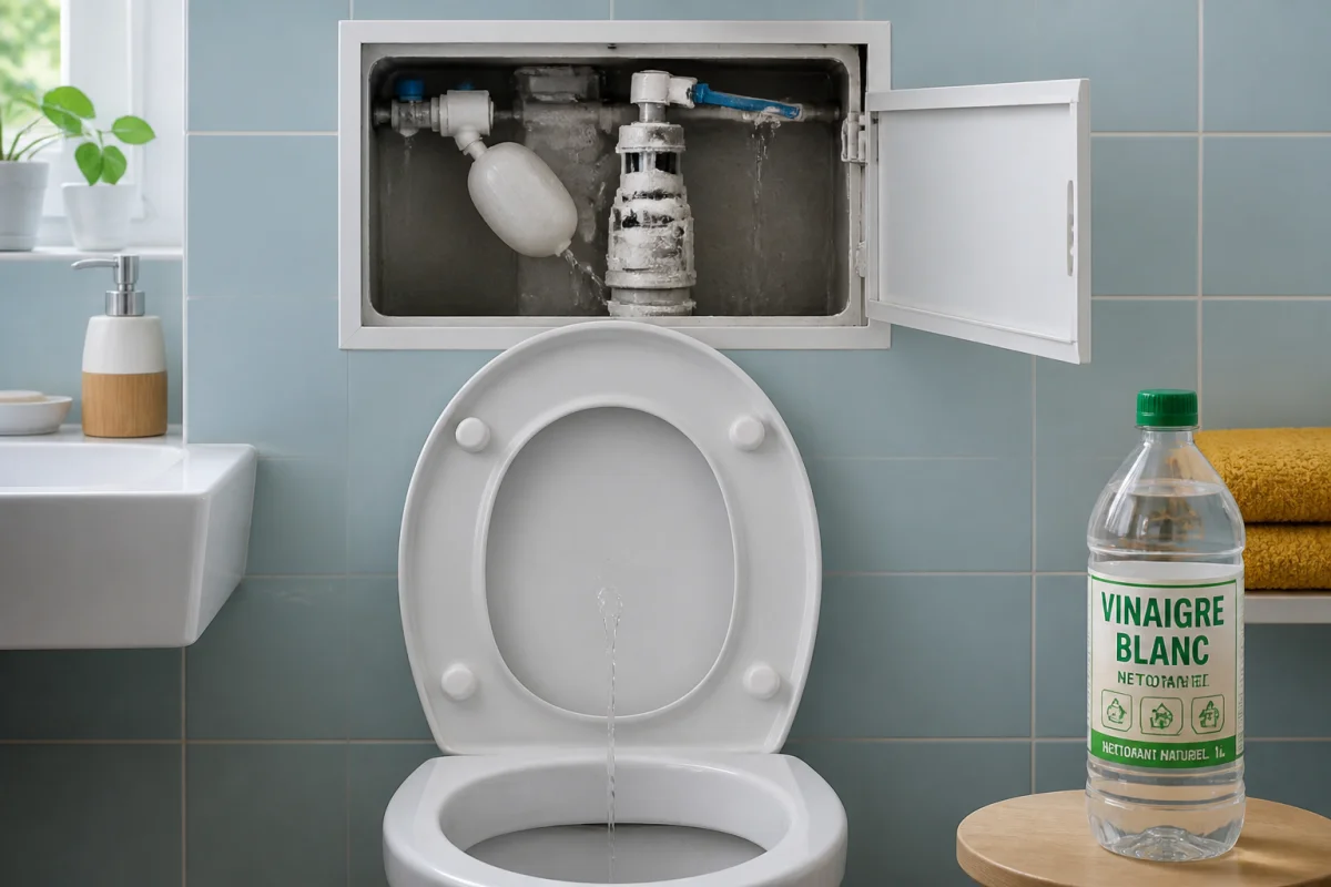 Réservoir de toilettes ouvert avec flotteur grippé, soupape entartrée et bouteille de vinaigre blanc à proximité