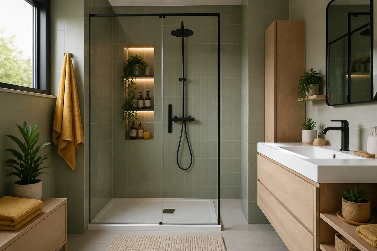 Salle de bain compacte avec douche vitrée, rangements intégrés, meuble suspendu et carrelage vert sauge chaleureux