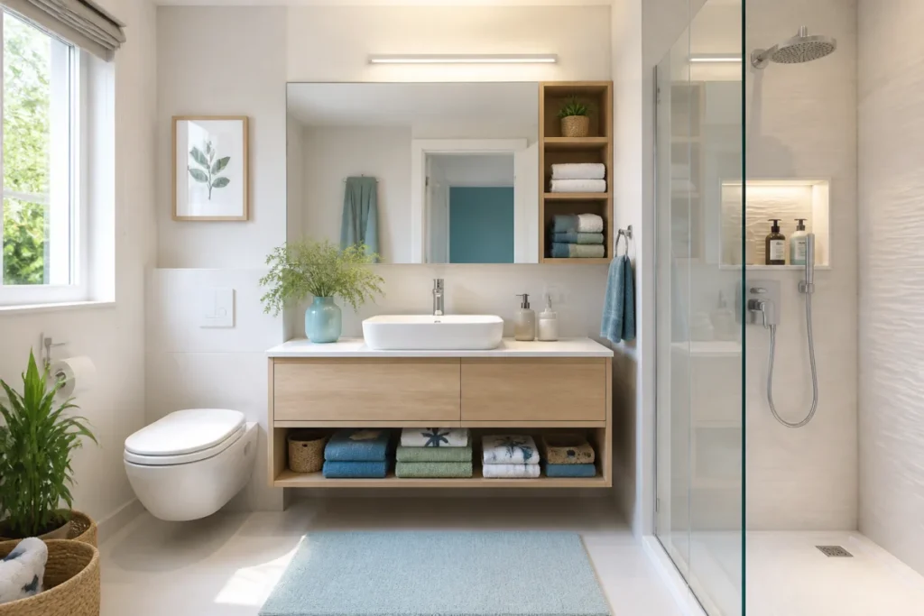 Salle de bain compacte aménagée avec meuble suspendu, douche vitrée, rangements intégrés et décoration naturelle lumineuse