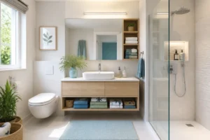 Salle de bain compacte aménagée avec meuble suspendu, douche vitrée, rangements intégrés et décoration naturelle lumineuse