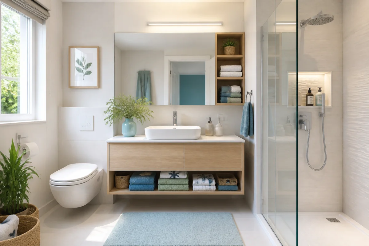 Salle de bain compacte aménagée avec meuble suspendu, douche vitrée, rangements intégrés et décoration naturelle lumineuse