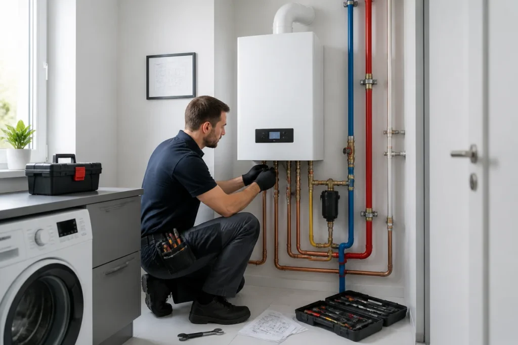 Aqua Chauff 74, technicien installant une chaudière murale et raccordant les conduites de plomberie dans une buanderie lumineuse