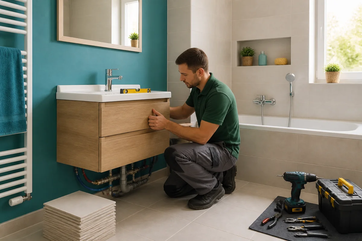 Artisan plombier rénovant une salle de bains moderne avec meuble vasque et équipements sanitaires, Aqua Chauff 74