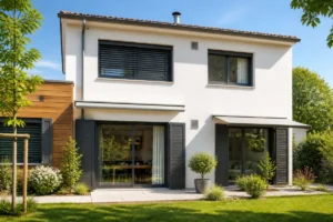 Maison contemporaine avec fenêtres performantes, volets extérieurs et ventilation visible, illustrant l’isolation thermique résidentielle