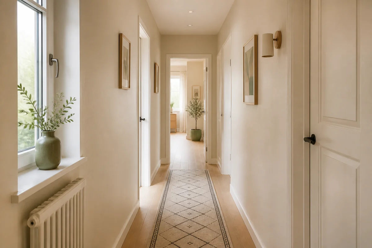Couleur peinture pour couloir sombre : beige lumineux, portes blanches, parquet clair et lumière naturelle.