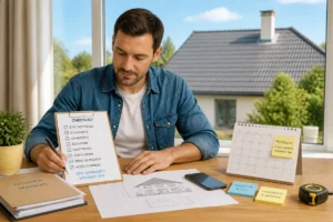 Propriétaire préparant un diagnostic de toiture et charpente avec checklist, plans et téléphone, toiture visible en arrière-plan