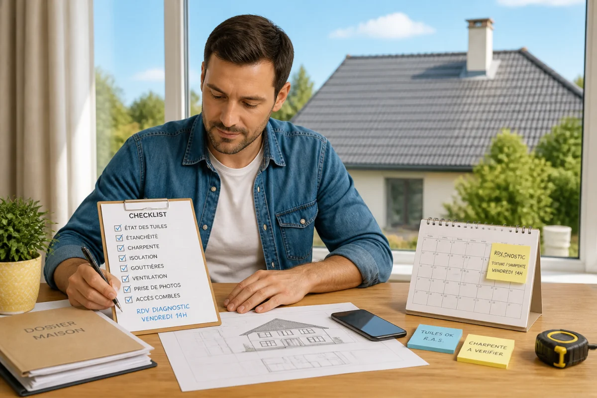 Propriétaire préparant un diagnostic de toiture et charpente avec checklist, plans et téléphone, toiture visible en arrière-plan
