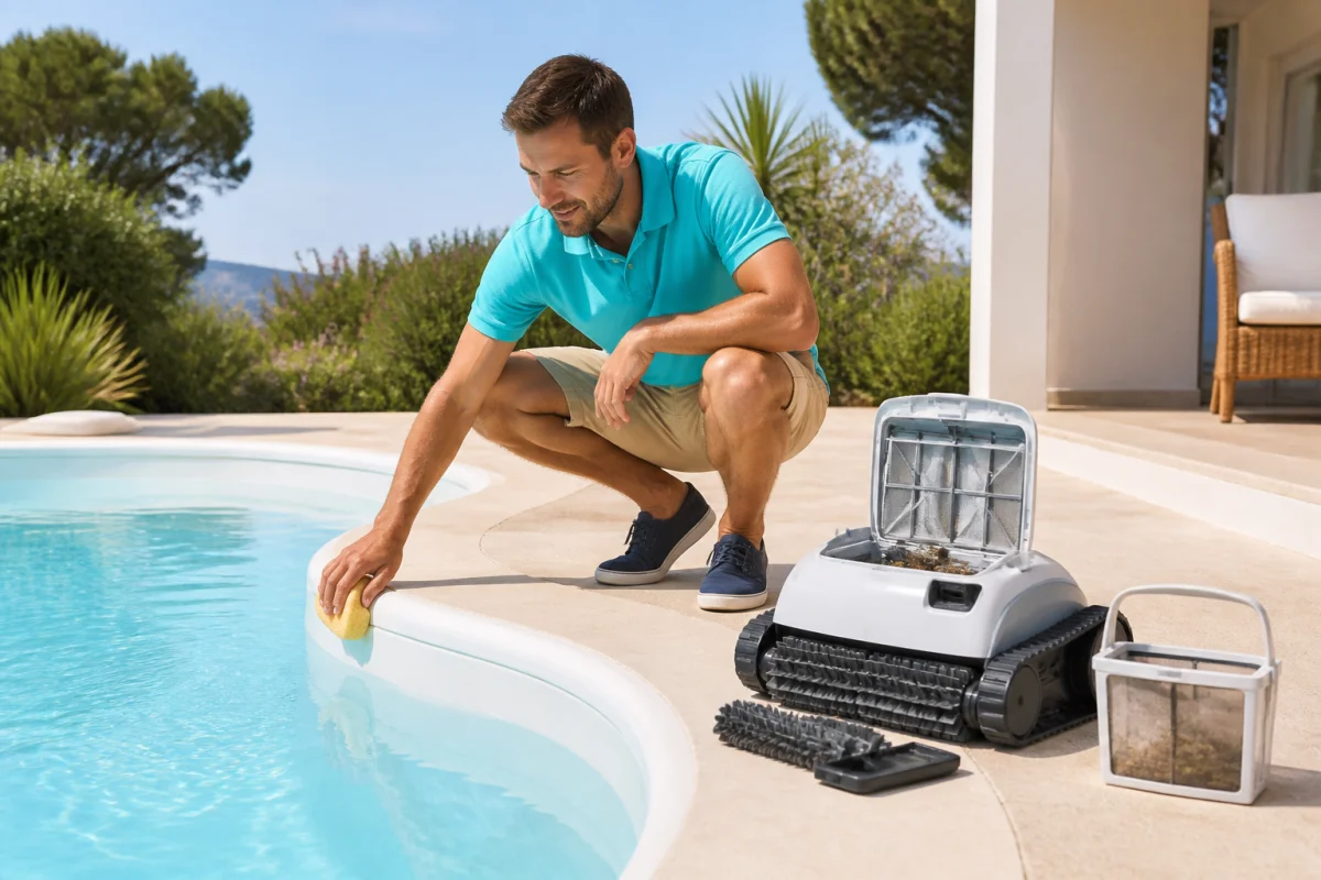Entretenir une piscine coque polyester : nettoyage délicat de la ligne d’eau avec éponge et robot inspecté