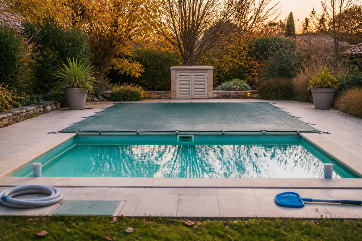 Piscine coque polyester préparée pour l’hivernage, couverture posée et équipements protégés dans un jardin automnal