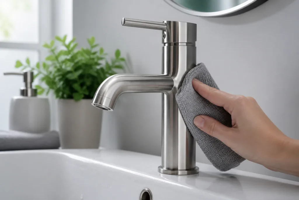 Main essuyant un robinet en inox brossé dans une salle de bains lumineuse pour préserver son éclat durable