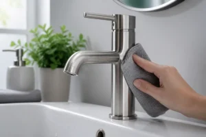 Main essuyant un robinet en inox brossé dans une salle de bains lumineuse pour préserver son éclat durable
