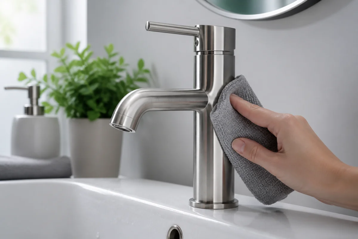 Main essuyant un robinet en inox brossé dans une salle de bains lumineuse pour préserver son éclat durable