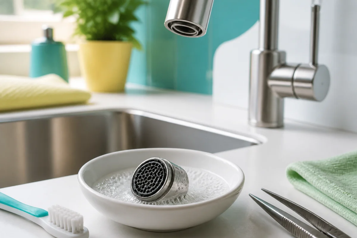 Entretenir les robinets en inox avec un aérateur démonté dans une coupelle d’eau savonneuse
