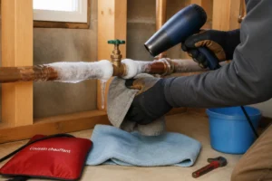 Personne décongelant prudemment un tuyau d’eau gelé avec une chaleur douce pour l’isoler contre le gel hivernal