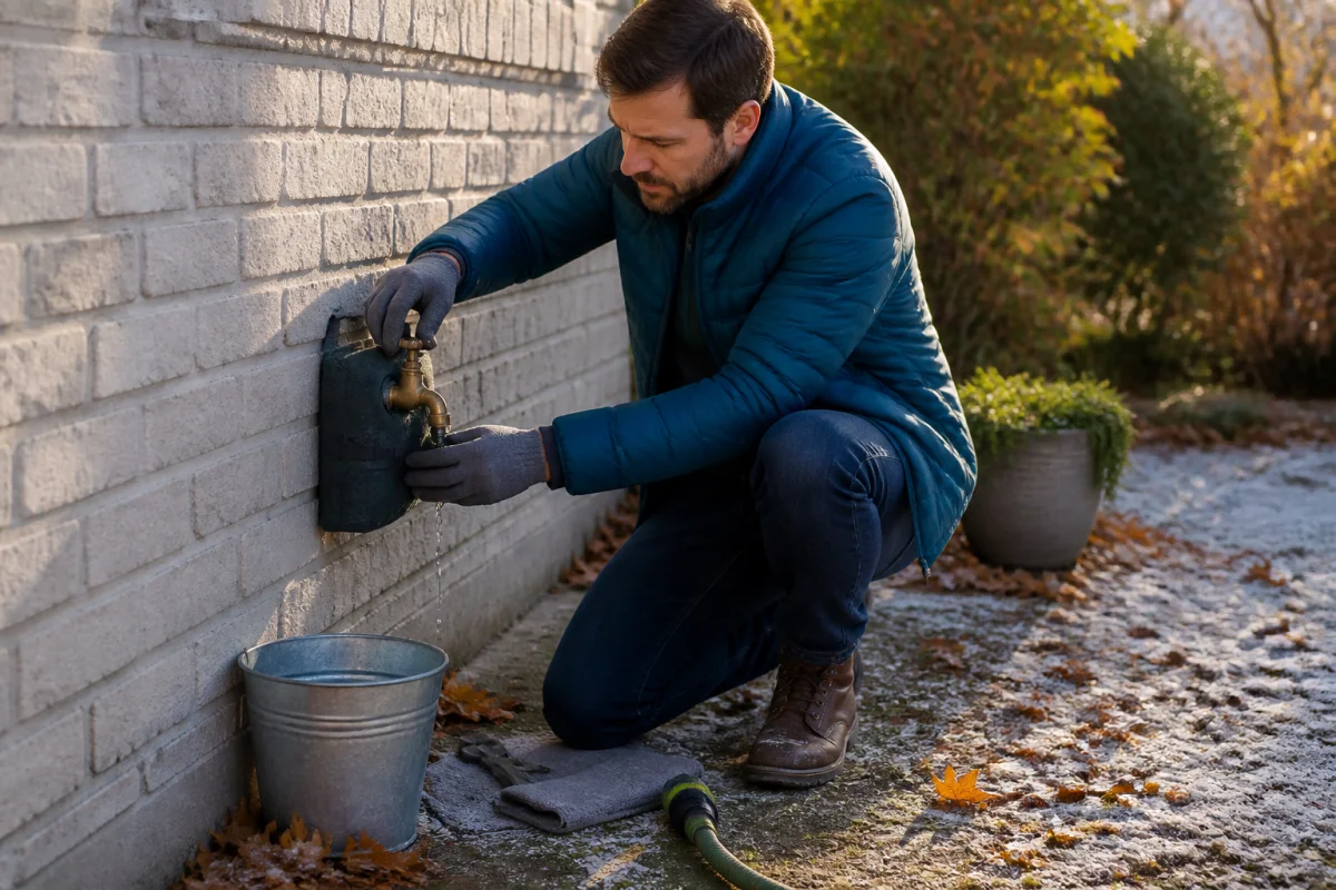 Isoler les tuyaux d’eau contre le gel avec une housse sur un robinet extérieur en hiver