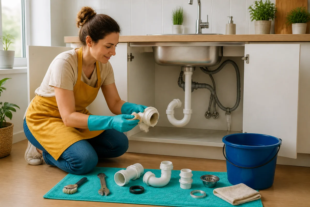 Personne démontant et nettoyant un siphon d’évier avec outils, seau et pièces de plomberie sous une cuisine lumineuse