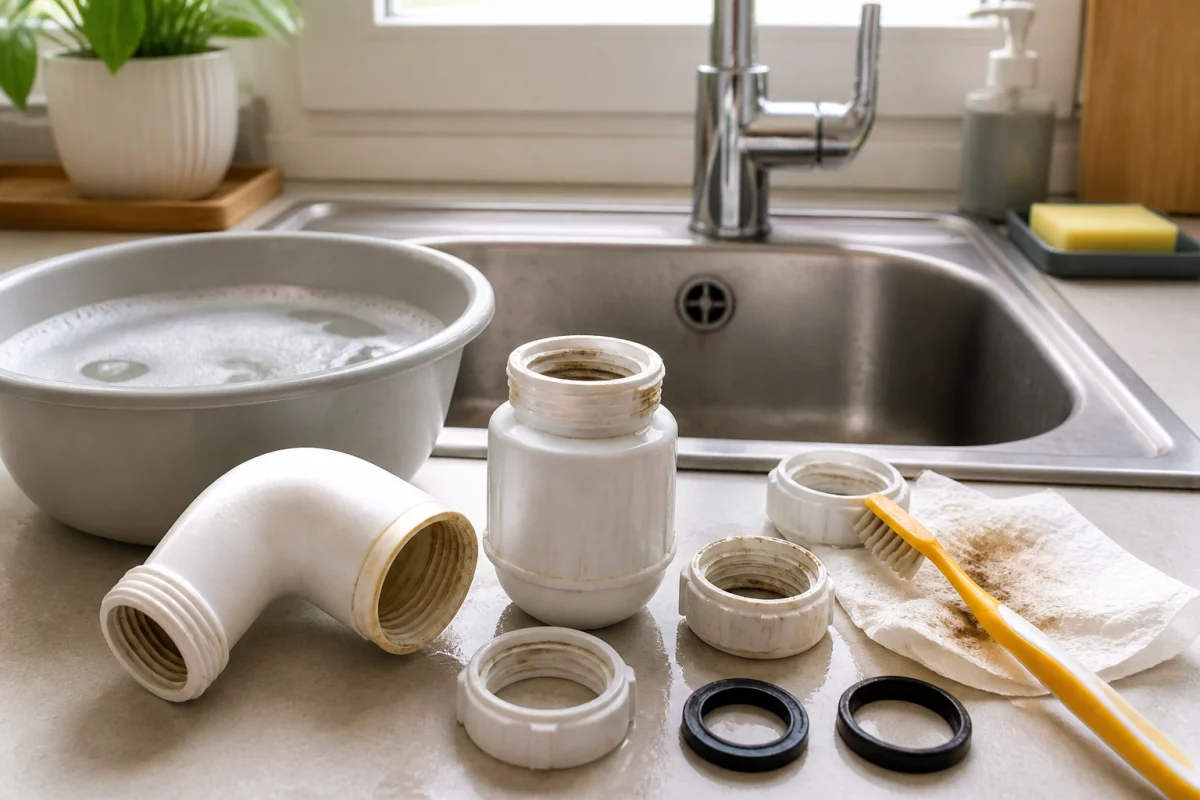Siphon d’évier démonté et nettoyé avec une brosse à dents, des joints et une bassine d’eau savonneuse