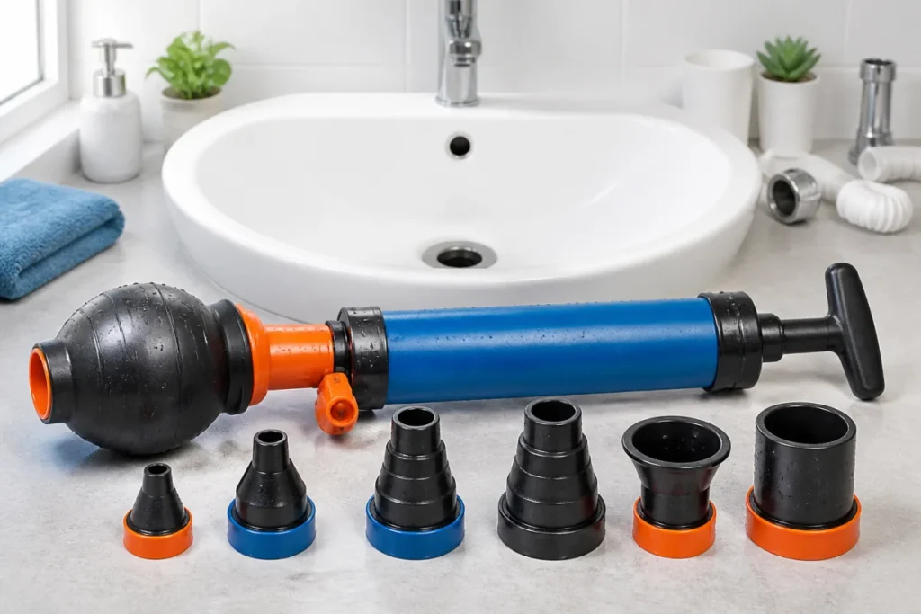 Pompe débouchage canalisation manuelle avec embouts variés devant un lavabo et une bonde ouverte dans une salle de bains lumineuse