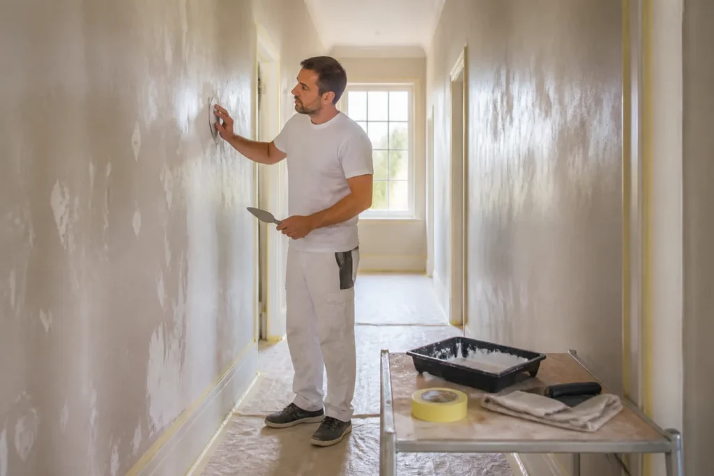 Préparation des murs d’un couloir sombre avant peinture, avec rebouchage, ponçage et protection des plinthes.