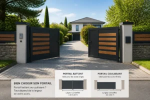 Préparer l’arrivée d’un portail : portail résidentiel moderne à deux vantaux, allée pavée et accès dégagé devant une maison contemporaine.