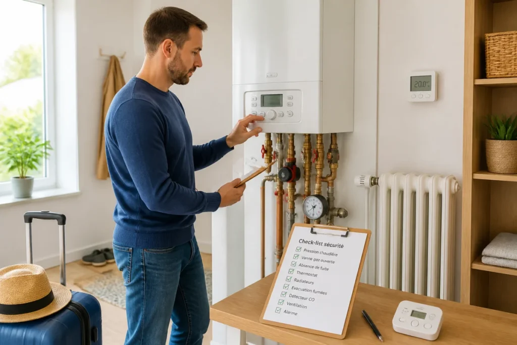 Propriétaire vérifiant une chaudière à gaz et ses radiateurs pour préparer sa maison avant les vacances sereinement