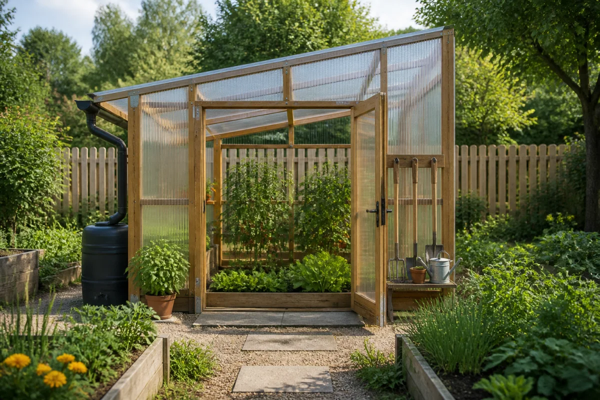 Abri de potager en bois avec toit transparent protégeant salades et tomates des intempéries dans un jardin familial