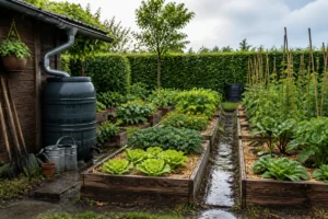 Potager protégé des intempéries avec planches surélevées, drainage efficace, paillage et récupérateur d’eau de pluie