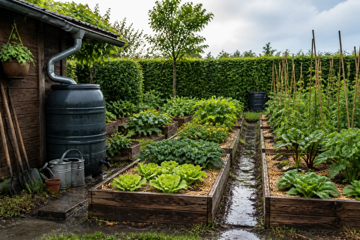 Potager protégé des intempéries avec planches surélevées, drainage efficace, paillage et récupérateur d’eau de pluie