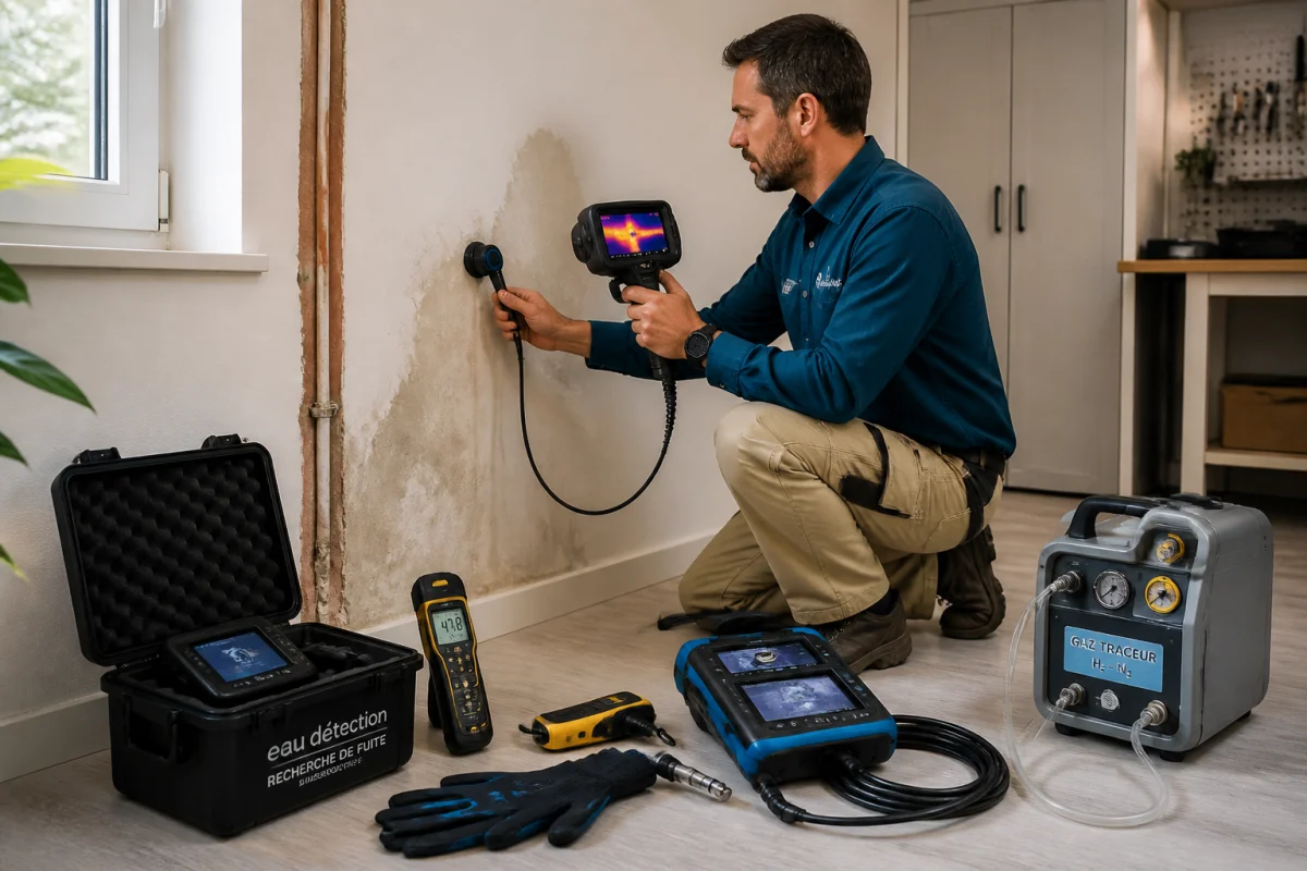 Technicien utilisant une caméra thermique et un détecteur acoustique pour une recherche de fuite d’eau sur un mur