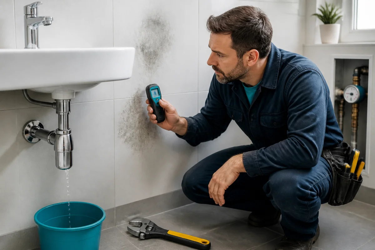 Recherche de fuite d’eau dans une salle de bains, plombier inspectant raccord fuyard et mur humide avec détecteur d’humidité