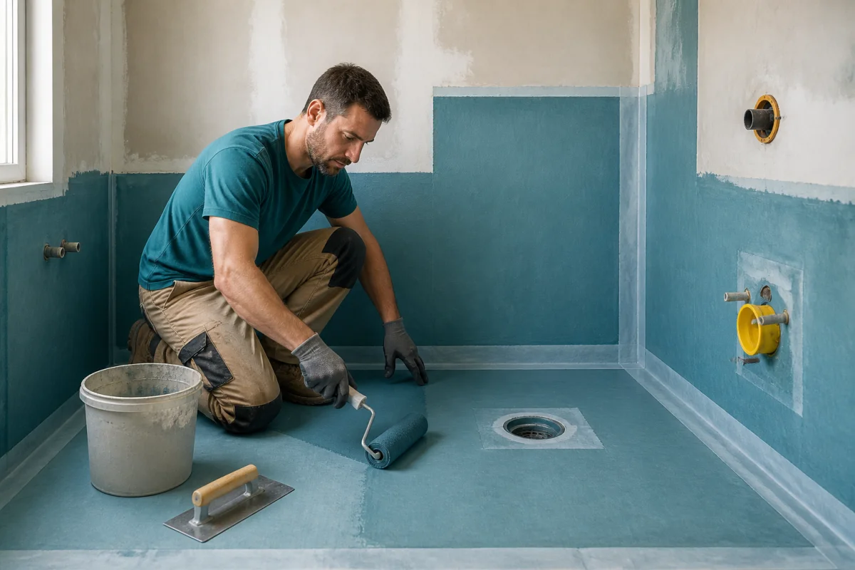 Artisan appliquant une membrane d’étanchéité dans une douche avant de rénover une salle de bainablytyped