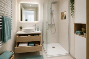 Salle de bain moderne rénovée, avec meuble suspendu, douche sécurisée, vasque et miroir éclairé dans un espace optimisé