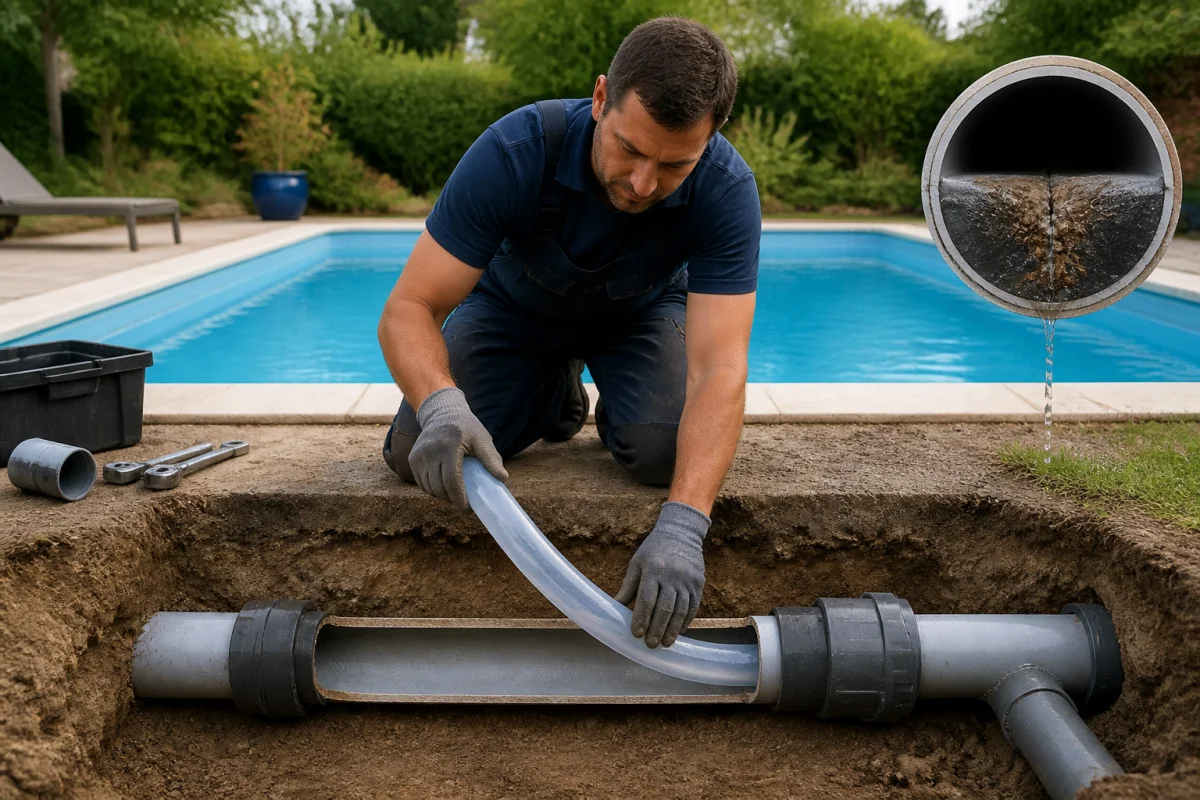 Technicien insérant une gaine dans une canalisation enterrée pour réparer une fuite de piscine enterrée