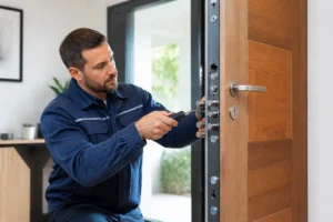 Serrurier Urgence H24 installant une serrure multipoints sur une porte d’entrée renforcée