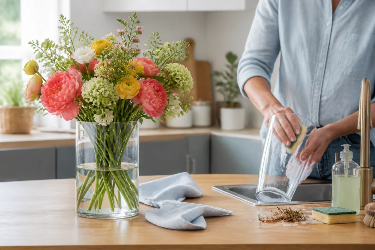 Personne nettoyant un vase à côté d’un bouquet de fleurs coupées pour mieux le conserver plus longtemps