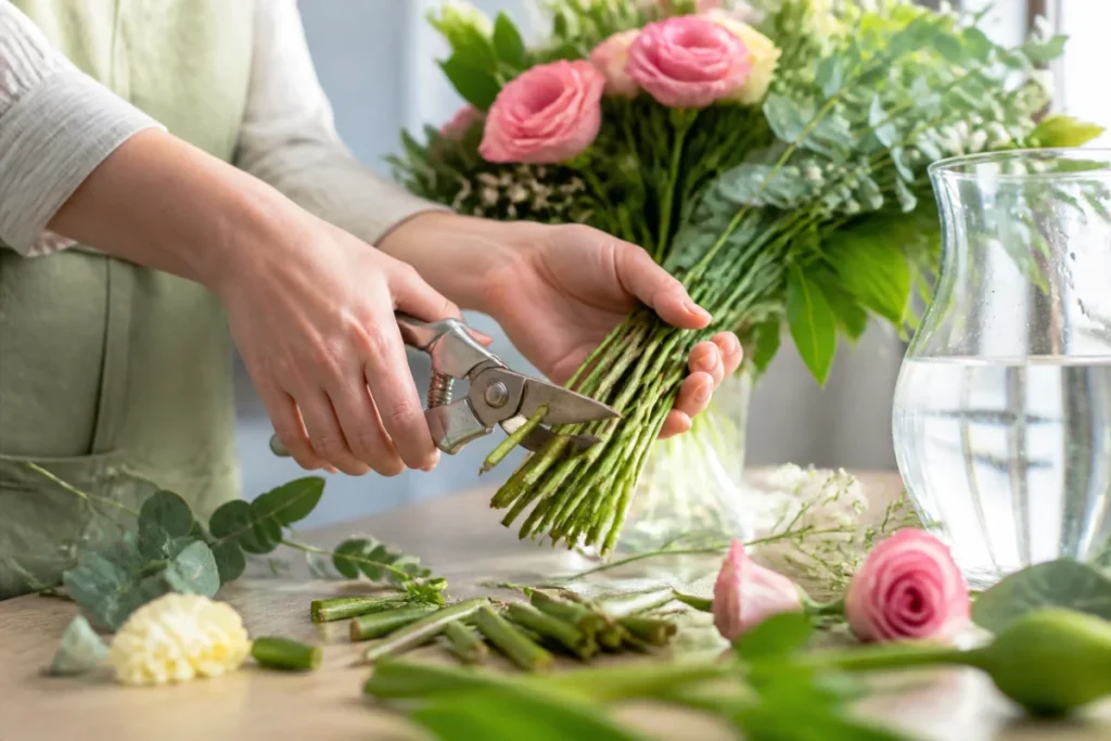 Mains recoupant les tiges d’un bouquet de fleurs coupées avec un sécateur propre, près d’un vase d’eau