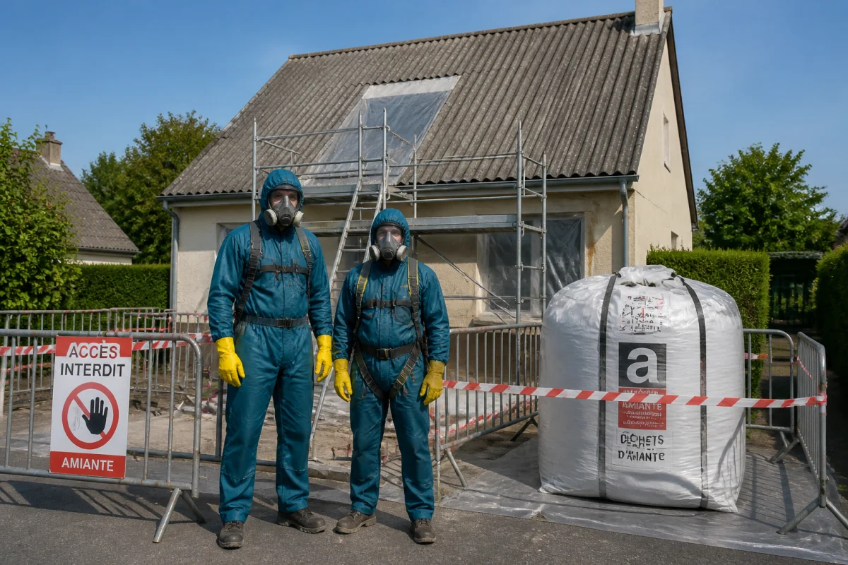 Intervenants équipés pour retirer une toiture en fibrociment amianté, chantier sécurisé et déchets conditionnés étanchement