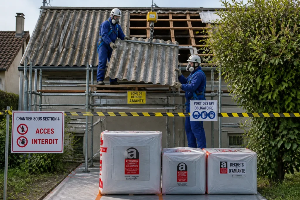 Professionnels protégés retirant une toiture en fibrociment amianté avec précaution, zone sécurisée et déchets conditionnés.